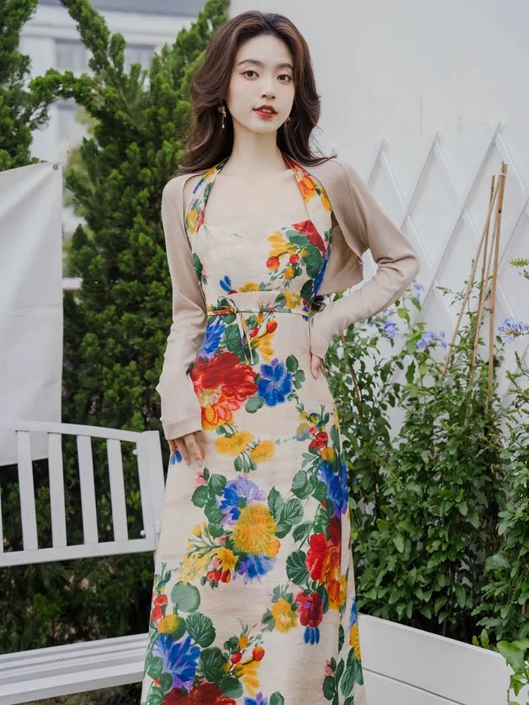 Sanya seaside travel and vacation wear cardigan with oil painting halter neck suspender dress high-end suit for small people