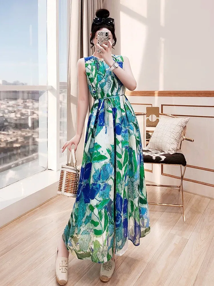 Seaside resort style ramie dress 2024 women's summer new watercolor blooming printed sleeveless vest skirt