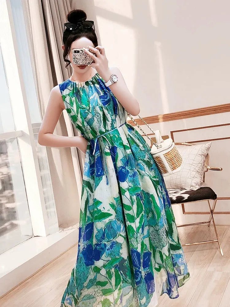 Seaside resort style ramie dress 2024 women's summer new watercolor blooming printed sleeveless vest skirt