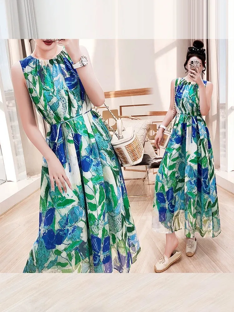 Seaside resort style ramie dress 2024 women's summer new watercolor blooming printed sleeveless vest skirt