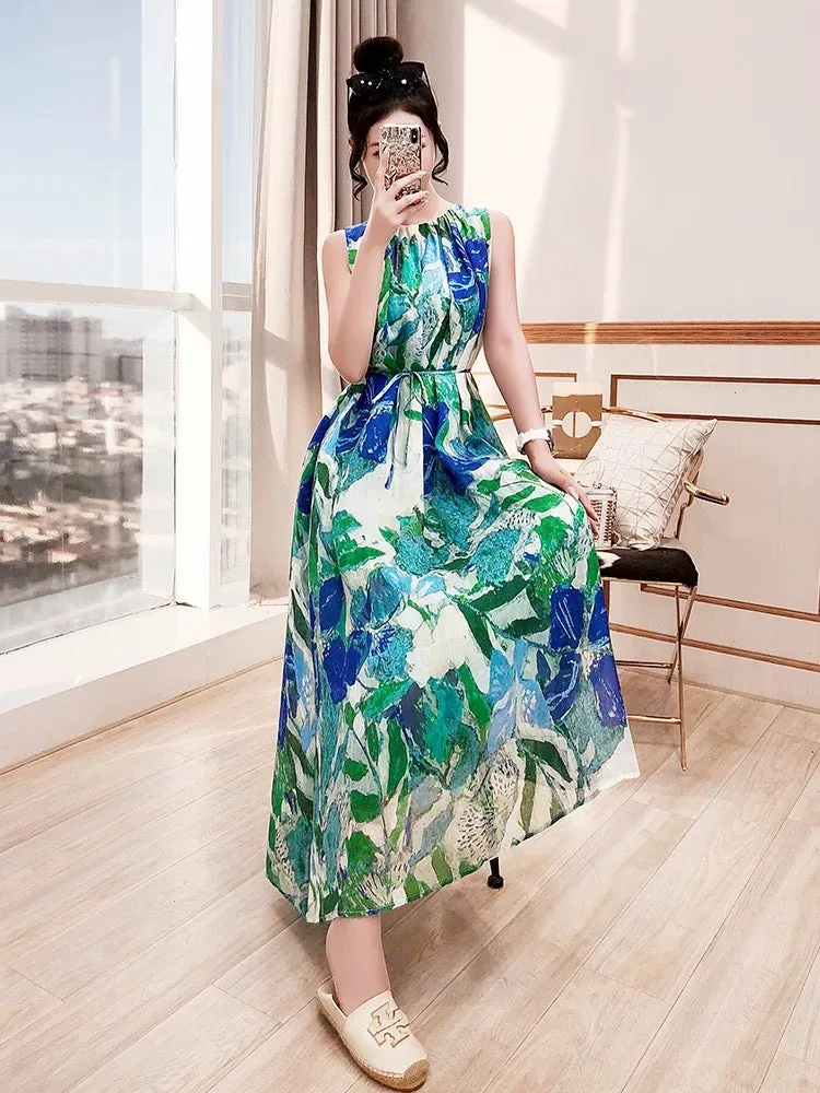 Seaside resort style ramie dress 2024 women's summer new watercolor blooming printed sleeveless vest skirt