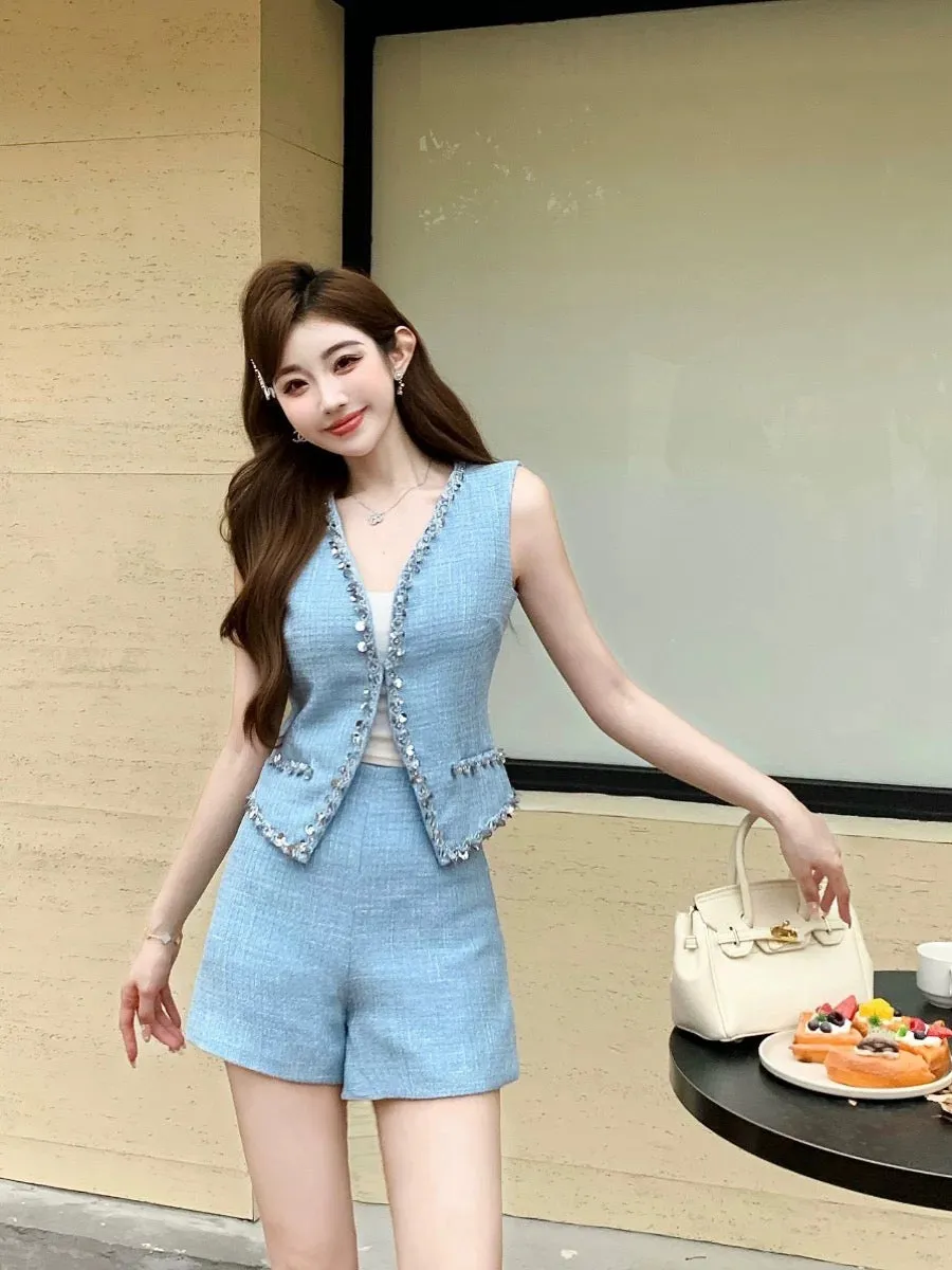 Shenzhen Nanyou Blue Heavy Industry Sequin Sleeveless Vest Top Qianjin Style Versatile Shorts Small Fragrance Style Suit Early A