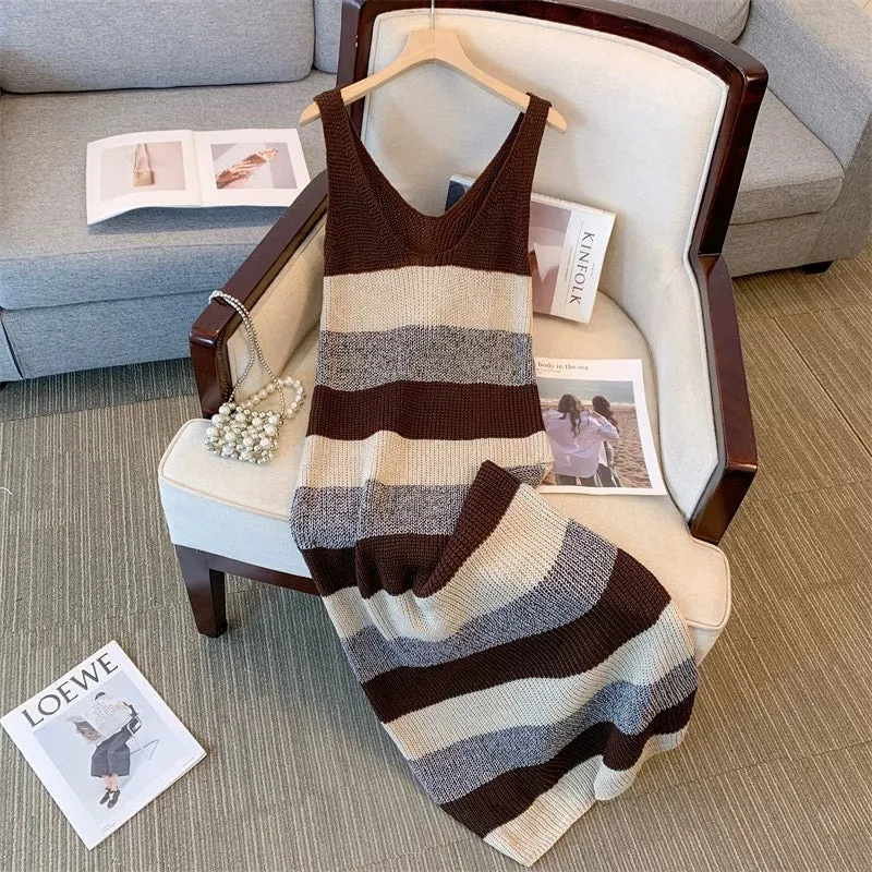 Small romantic retro wear niche inner wear loose pullover sleeveless striped suspender knitted vest dress