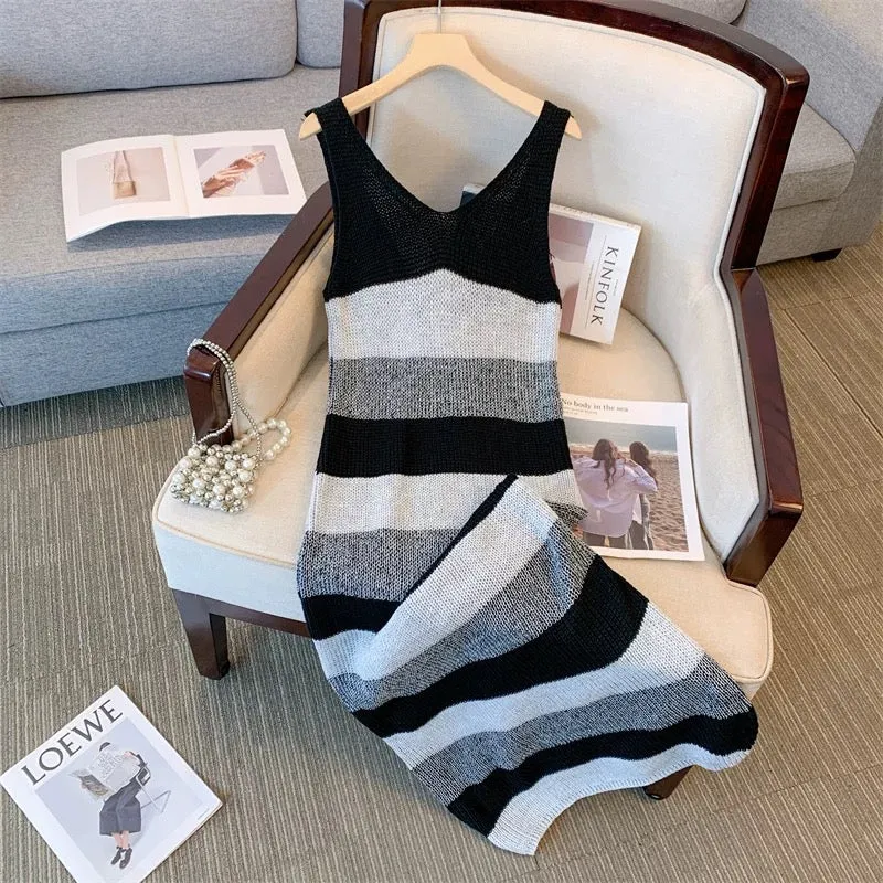 Small romantic retro wear niche inner wear loose pullover sleeveless striped suspender knitted vest dress