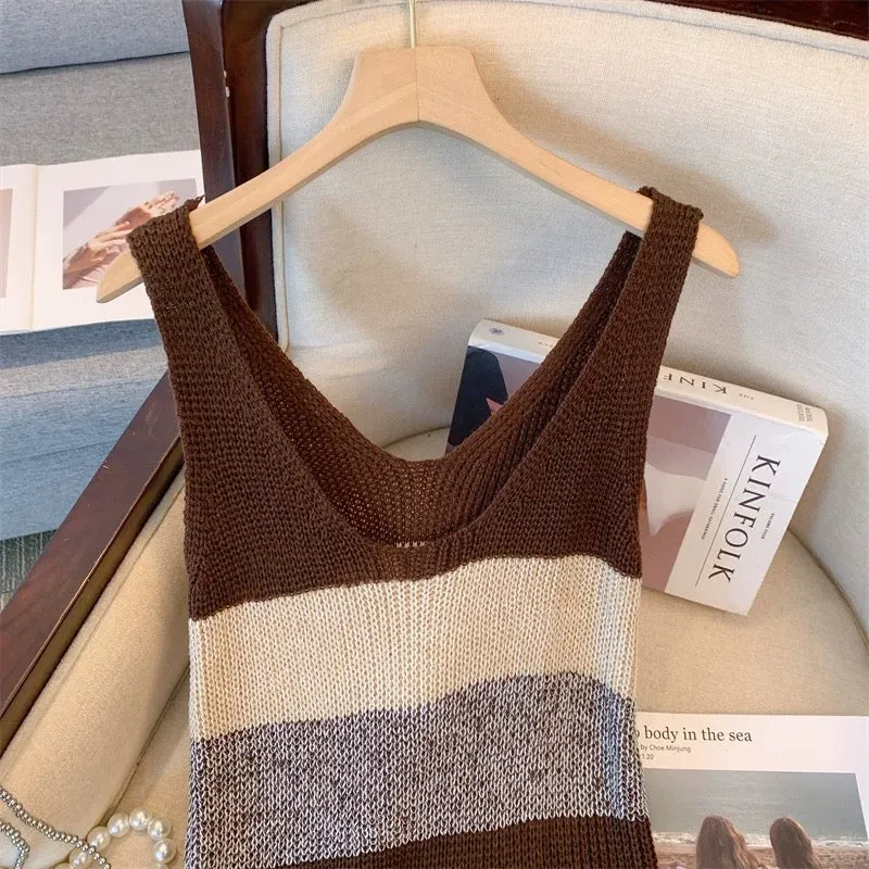 Small romantic retro wear niche inner wear loose pullover sleeveless striped suspender knitted vest dress