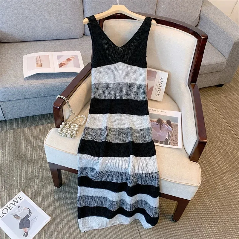 Small romantic retro wear niche inner wear loose pullover sleeveless striped suspender knitted vest dress