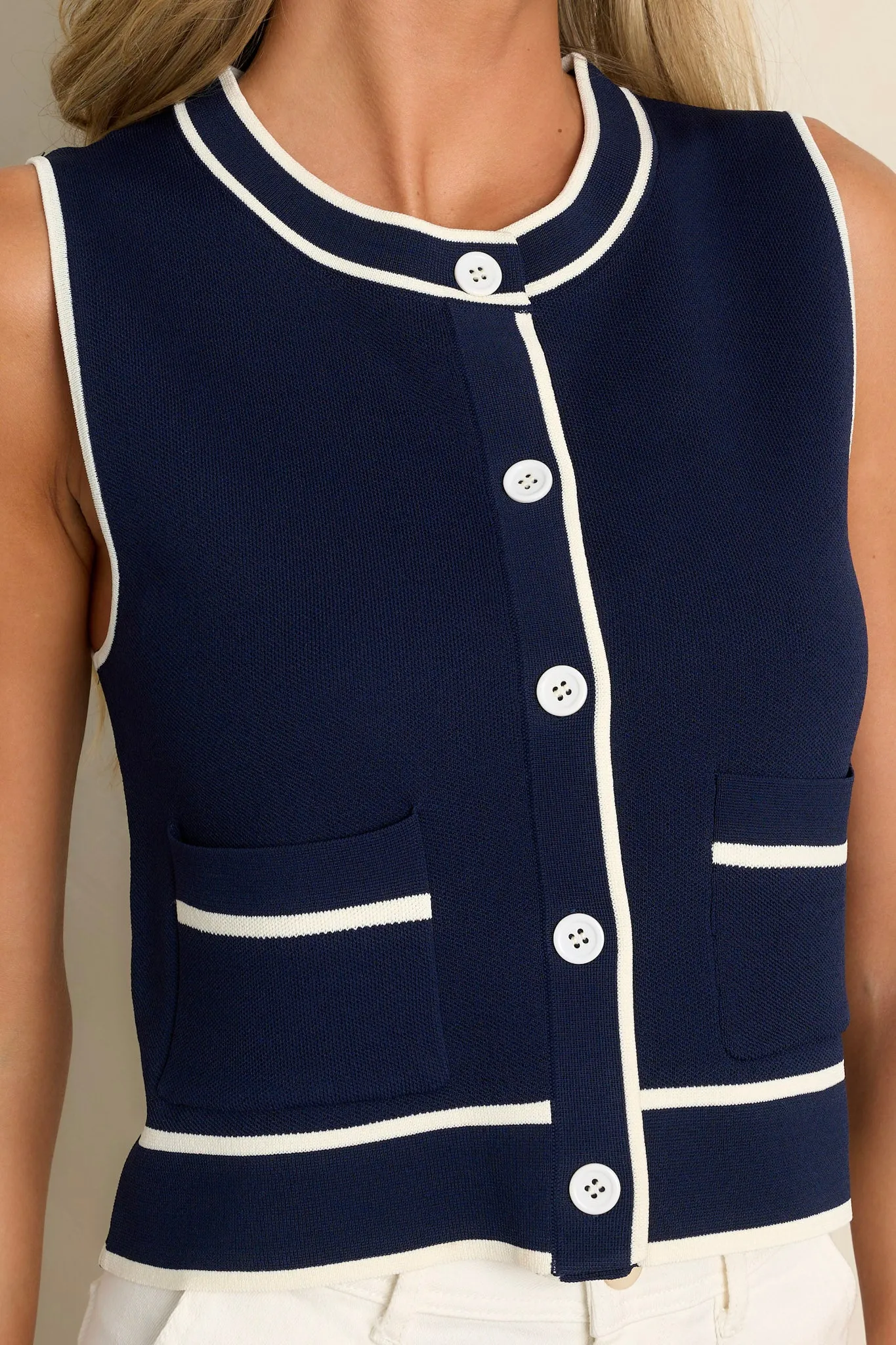 Smooth Sailing Navy Sleeveless Button Front Vest