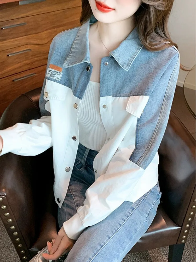 Stitched contrasting denim jacket for women early spring 2024 spring new style thick loose outer cardigan short top