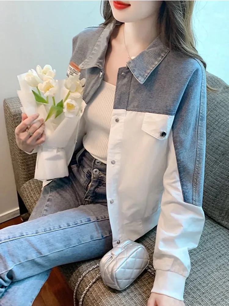 Stitched contrasting denim jacket for women early spring 2024 spring new style thick loose outer cardigan short top