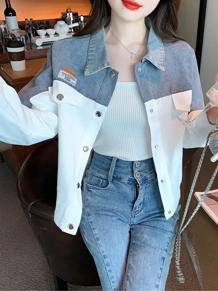 Stitched contrasting denim jacket for women early spring 2024 spring new style thick loose outer cardigan short top