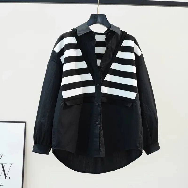 Striped vest stitching fake two-piece shirt women's black loose shirt 2024 autumn literary style long-sleeved top trendy