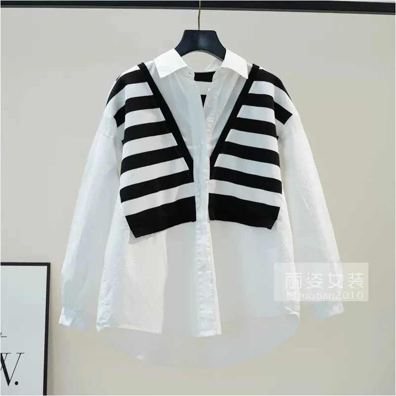 Striped vest stitching fake two-piece shirt women's black loose shirt 2024 autumn literary style long-sleeved top trendy