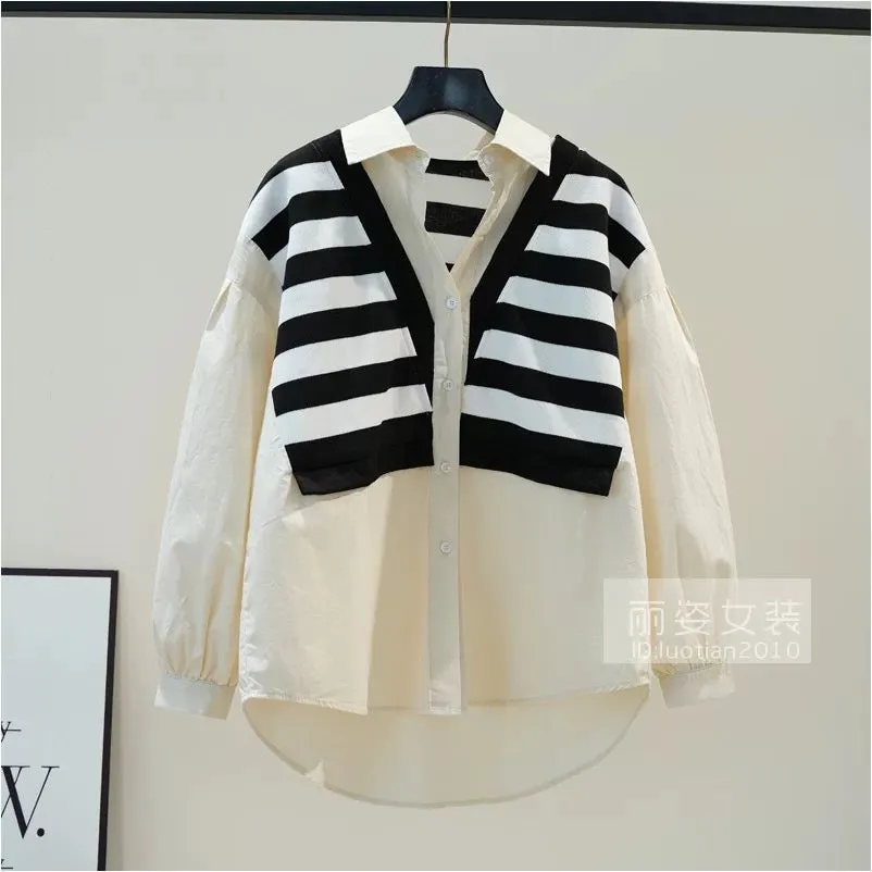 Striped vest stitching fake two-piece shirt women's black loose shirt 2024 autumn literary style long-sleeved top trendy