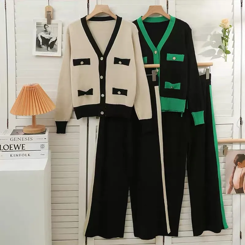 Suit women's 2023 new retro color matching low collar single breasted sweater jacket drawstring tie high waist wide leg pants