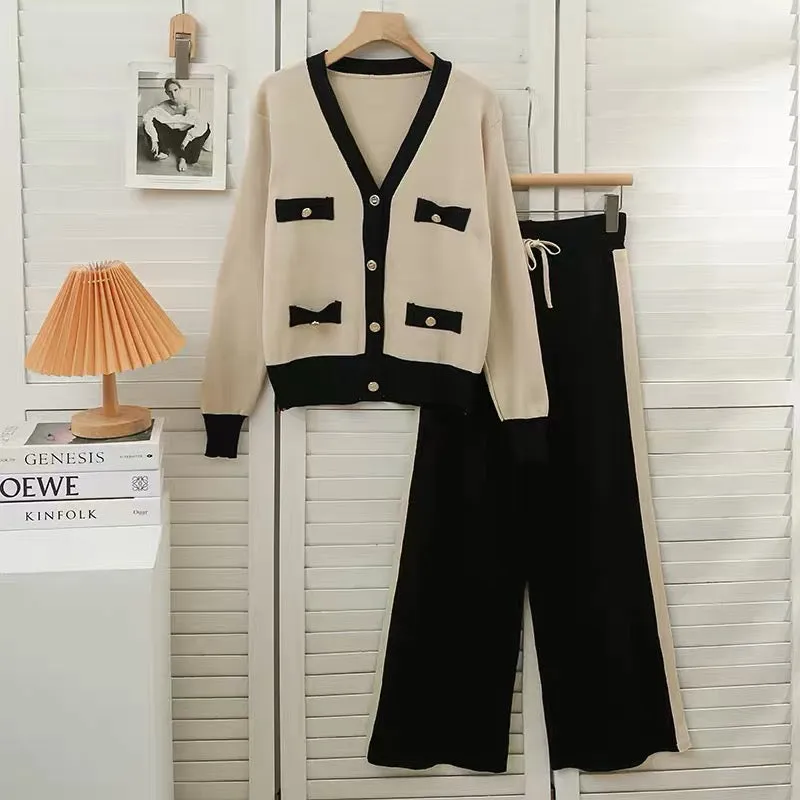 Suit women's 2023 new retro color matching low collar single breasted sweater jacket drawstring tie high waist wide leg pants