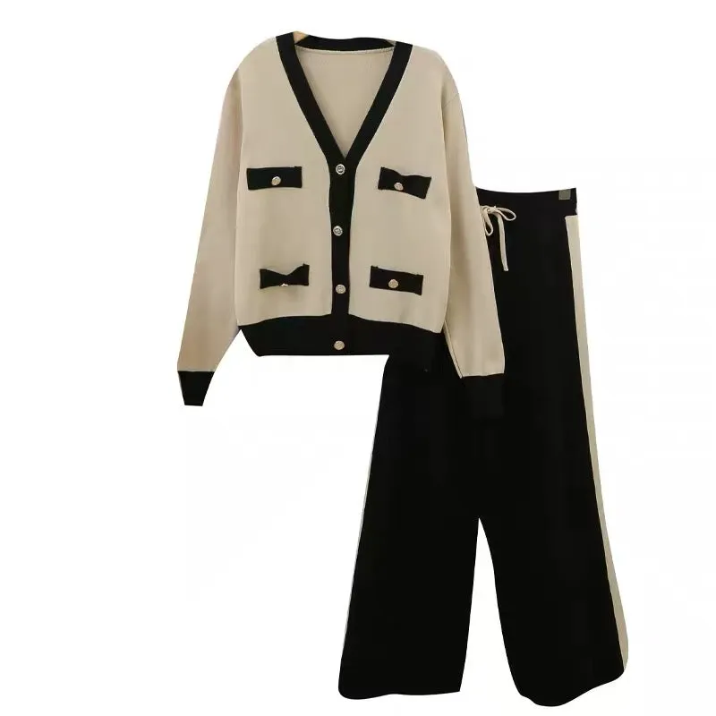 Suit women's 2023 new retro color matching low collar single breasted sweater jacket drawstring tie high waist wide leg pants