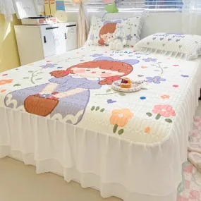 Summer printed bed skirt latex ice silk mat three-piece set princess style bed sheet air conditioning mattress mat machine washa