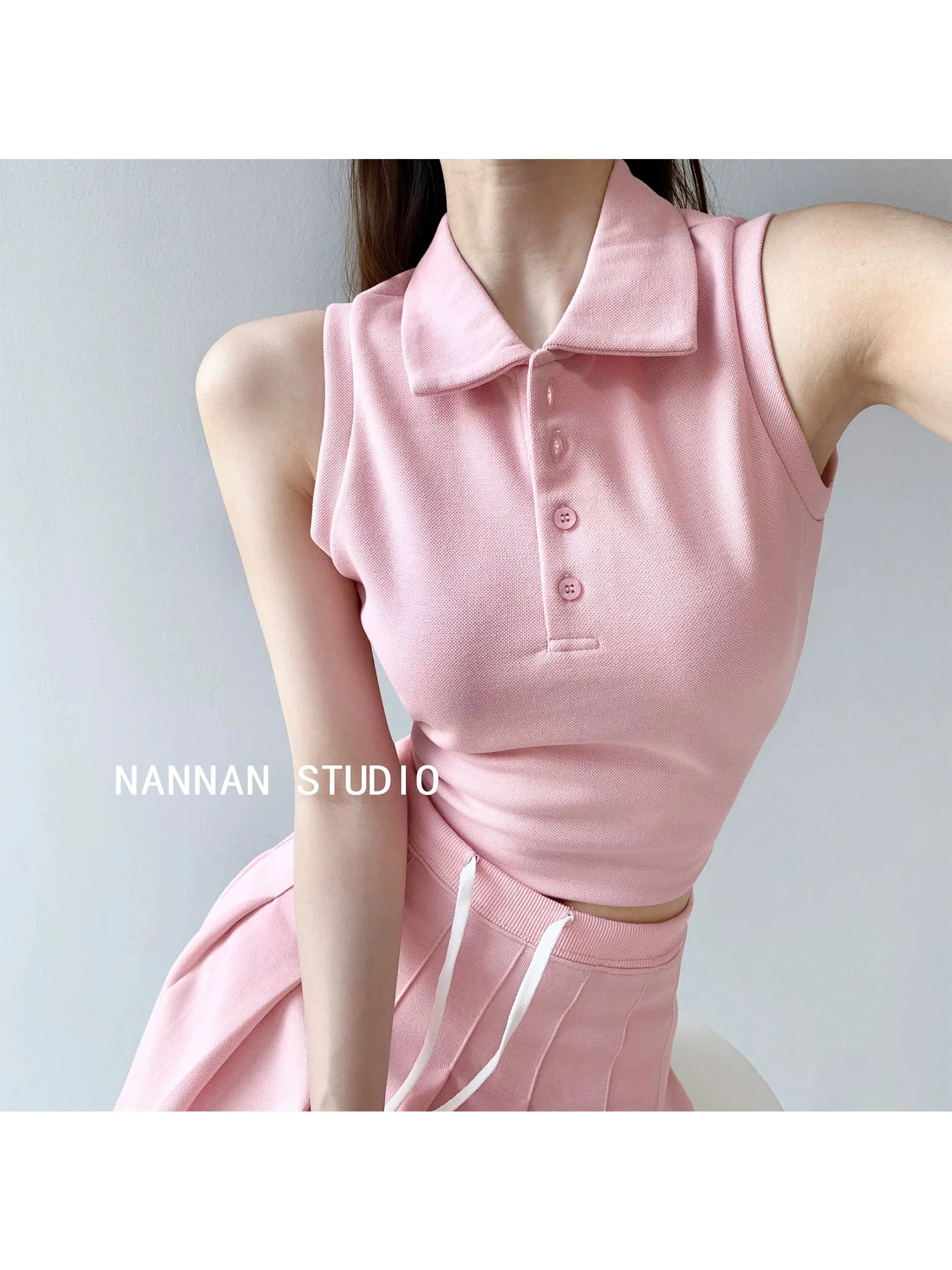 Summer rhythmic sports tennis style pleated skirt for women + sleeveless outer wear POLO collar bottoming vest two-piece set