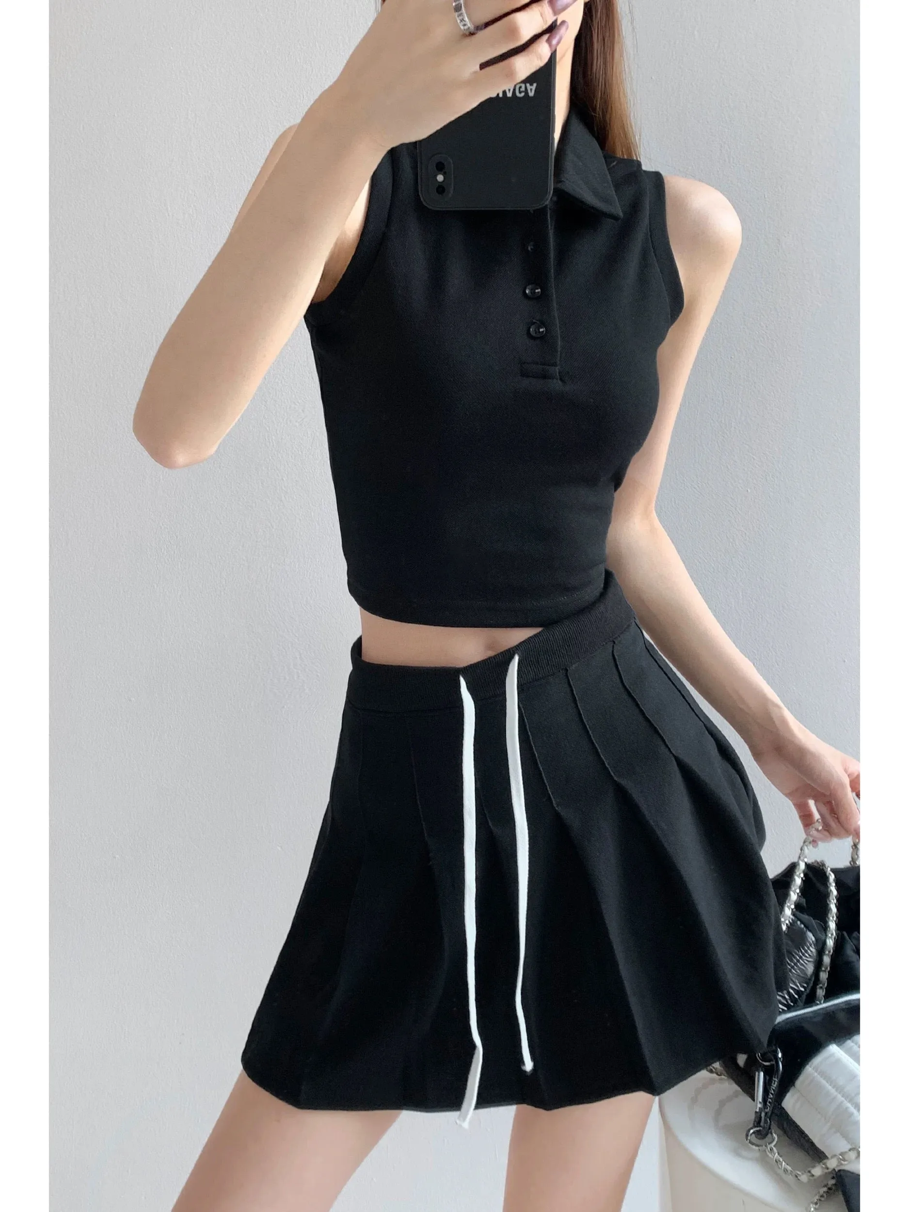 Summer rhythmic sports tennis style pleated skirt for women + sleeveless outer wear POLO collar bottoming vest two-piece set