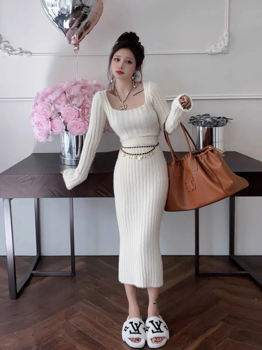 Sweater Dress Long Skirt Women's Autumn and Winter New Square Neck High Waist Hip Short Skirt Two-piece Knitted Suit Skirt (S094