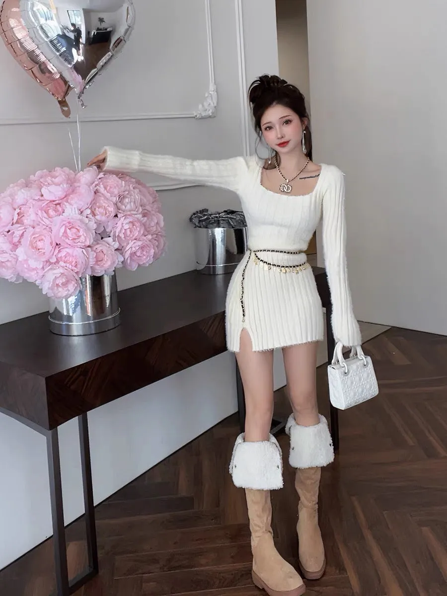 Sweater Dress Long Skirt Women's Autumn and Winter New Square Neck High Waist Hip Short Skirt Two-piece Knitted Suit Skirt (S094