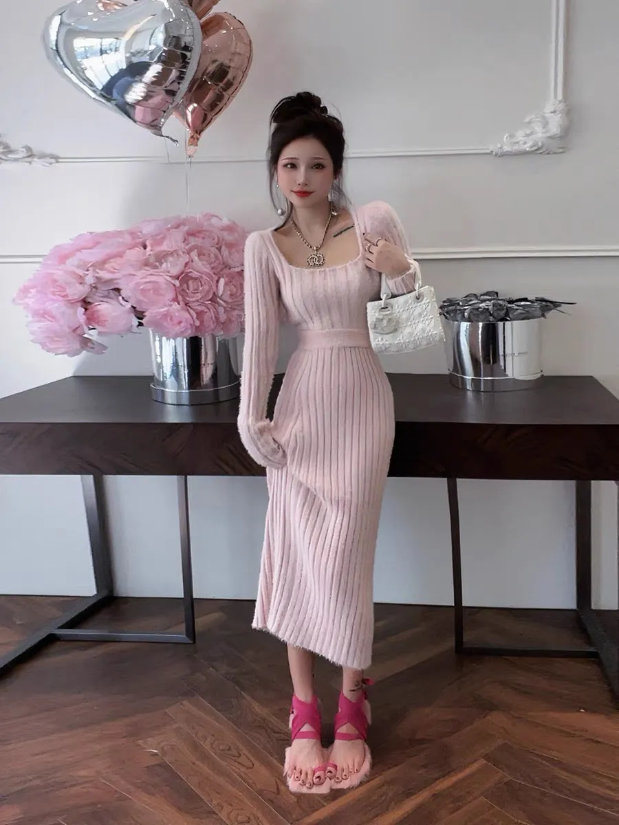 Sweater Dress Long Skirt Women's Autumn and Winter New Square Neck High Waist Hip Short Skirt Two-piece Knitted Suit Skirt (S094