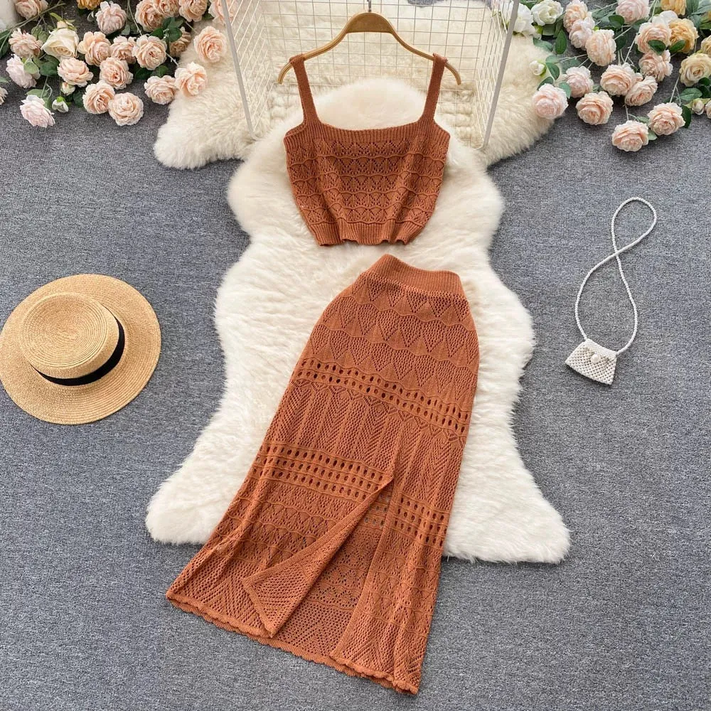 Sweet and spicy style fashion hollow camisole vest women's short outer wear knitted two-piece suit high waist split skirt summer