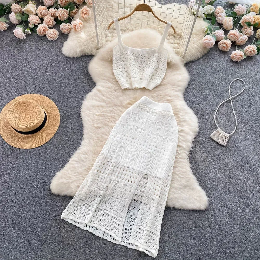 Sweet and spicy style fashion hollow camisole vest women's short outer wear knitted two-piece suit high waist split skirt summer