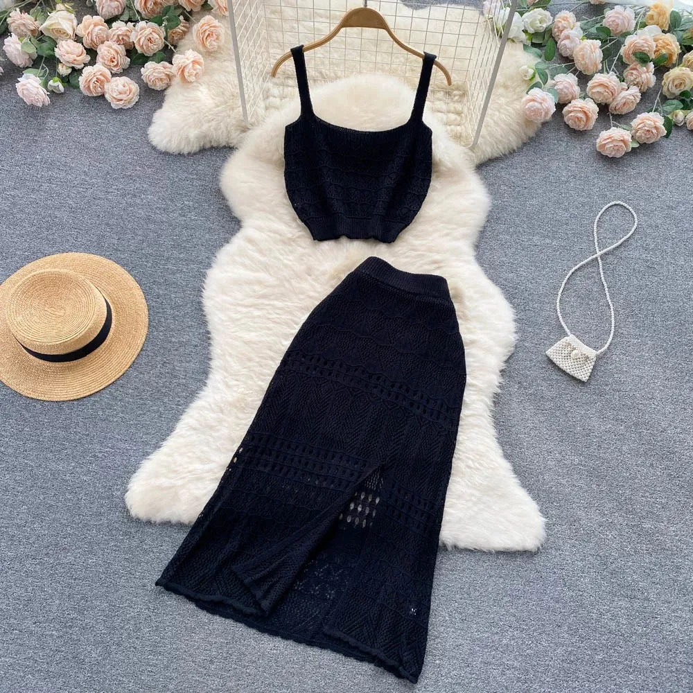 Sweet and spicy style fashion hollow camisole vest women's short outer wear knitted two-piece suit high waist split skirt summer