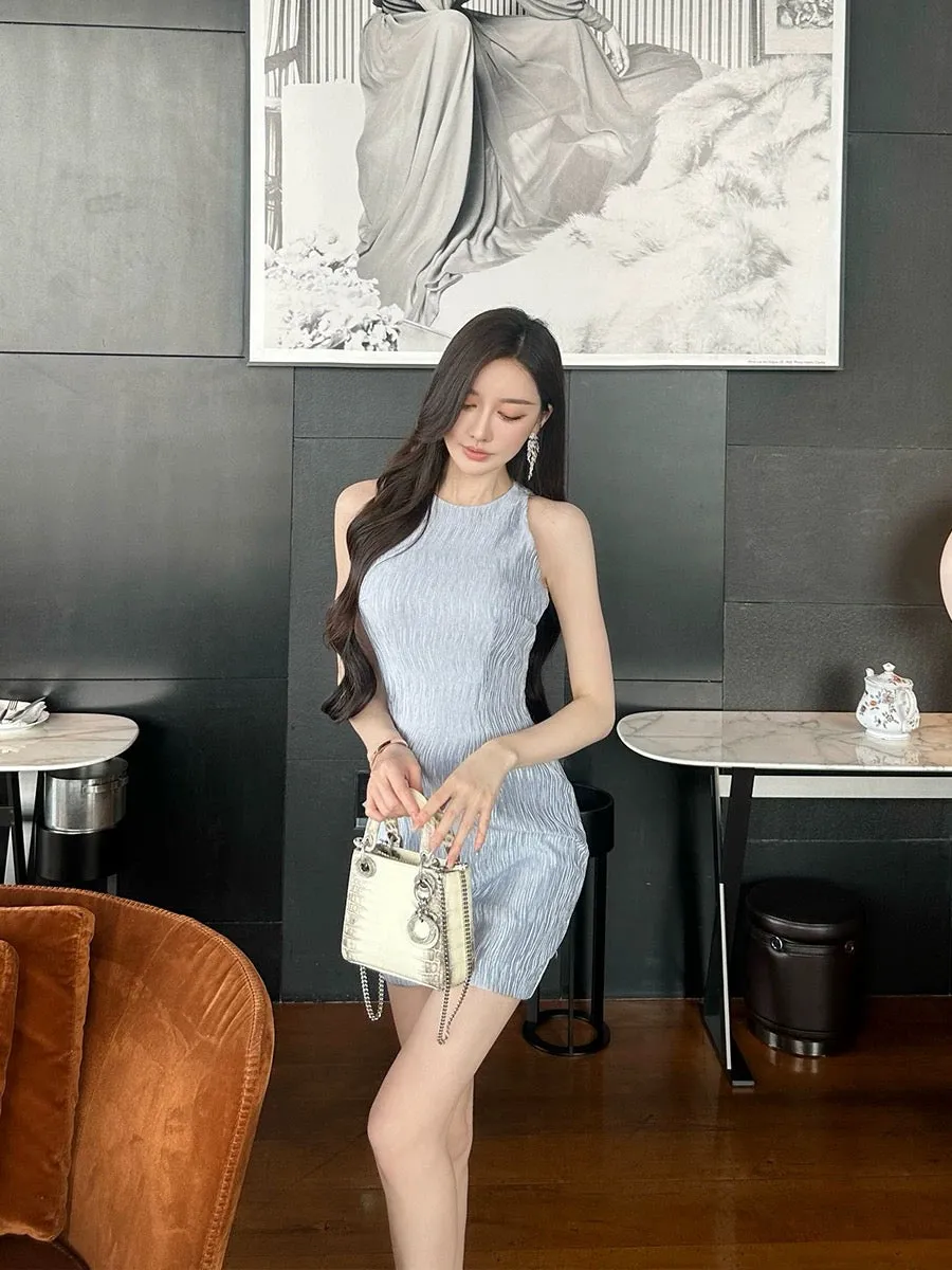 SX Shanxi light blue high-end texture dress sleeveless round neck slim sexy temperament slim vest skirt