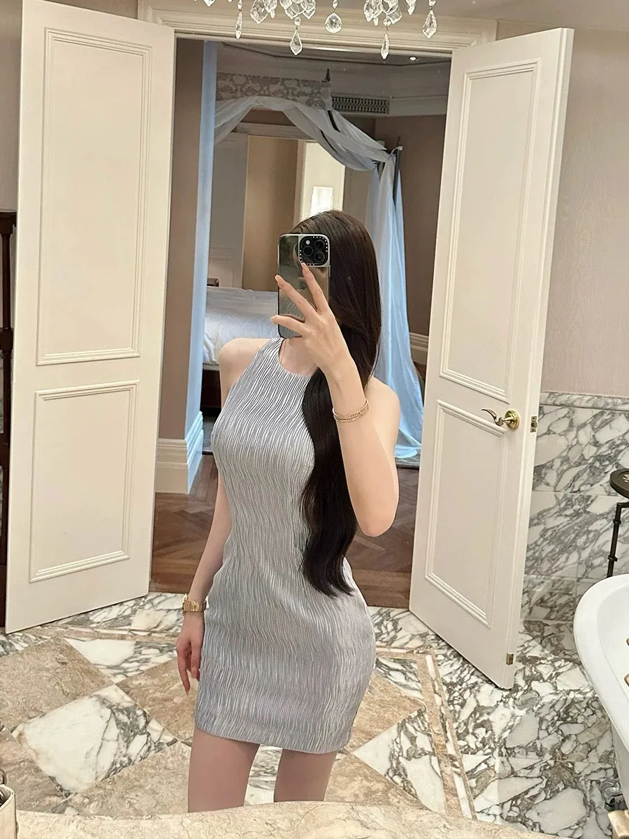 SX Shanxi light blue high-end texture dress sleeveless round neck slim sexy temperament slim vest skirt