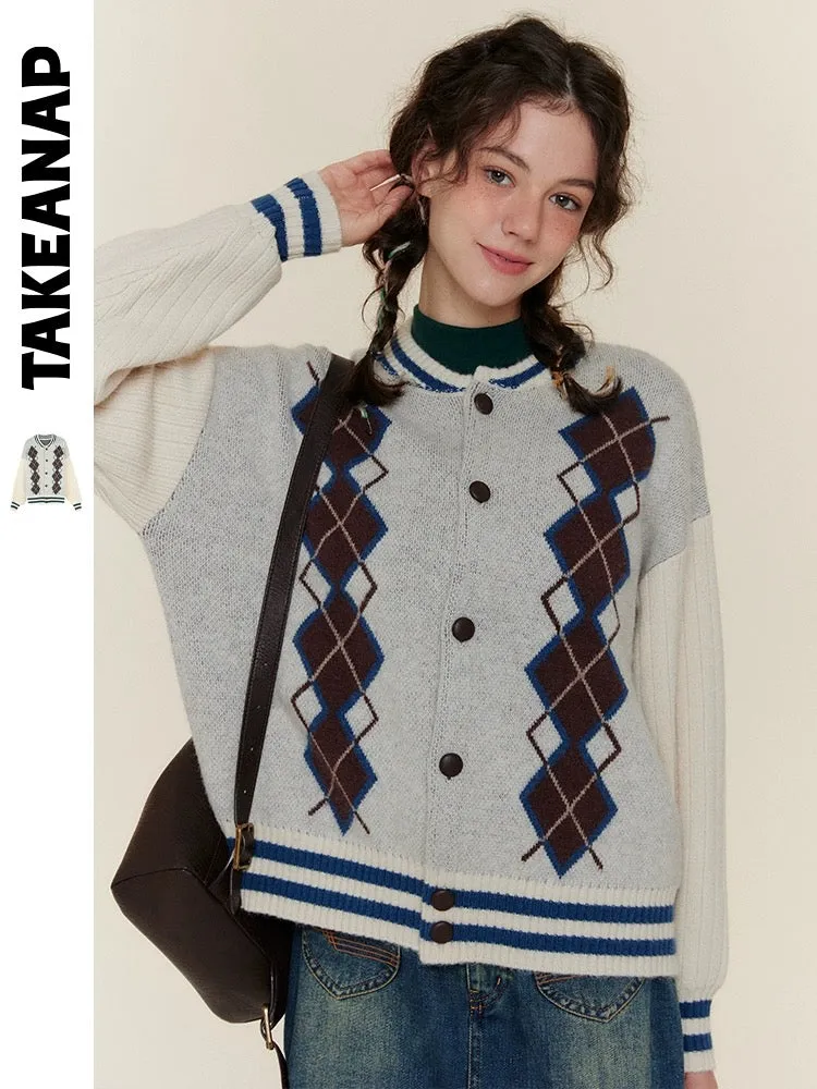 TAKEANAP Nap Diamond Check Knitted Cardigan Jacket Women's 2024 New Contrast Color Jacket Tops Autumn and Winter