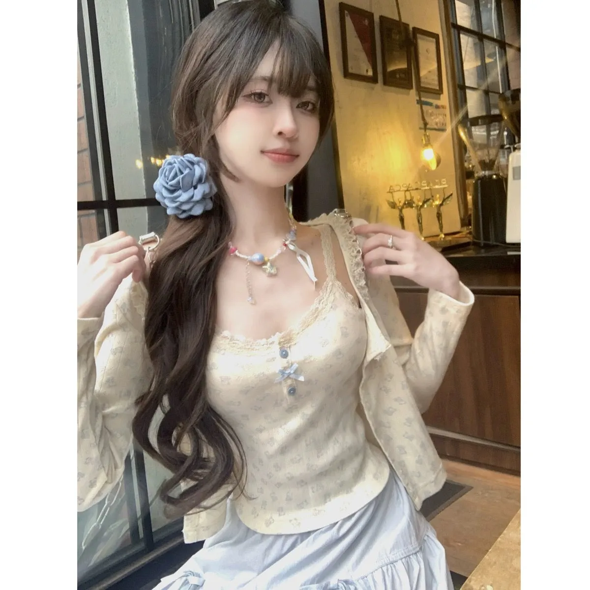 THE TURE original sweet bear suspender cardigan pure desire gentle floral lace vest spring top two-piece suit for women