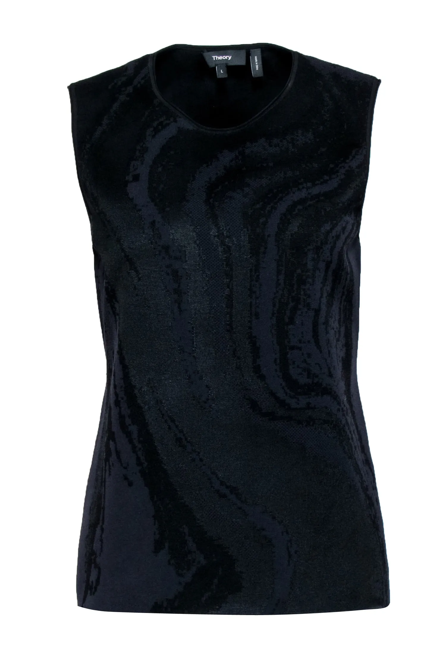 Theory - Black w/Grey Oil Spill Print Stretch Knit Sleeveless Top Sz L