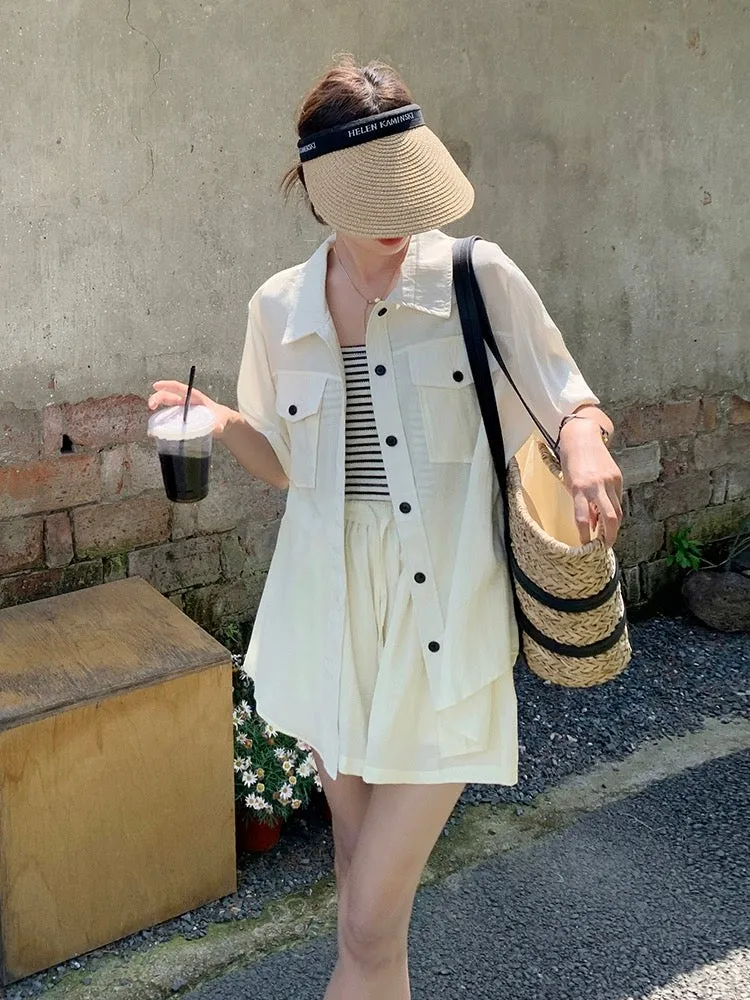 This year's popular fashion casual suits for women in summer 2024 new complete sets with suspenders cardigan shorts three-piece 