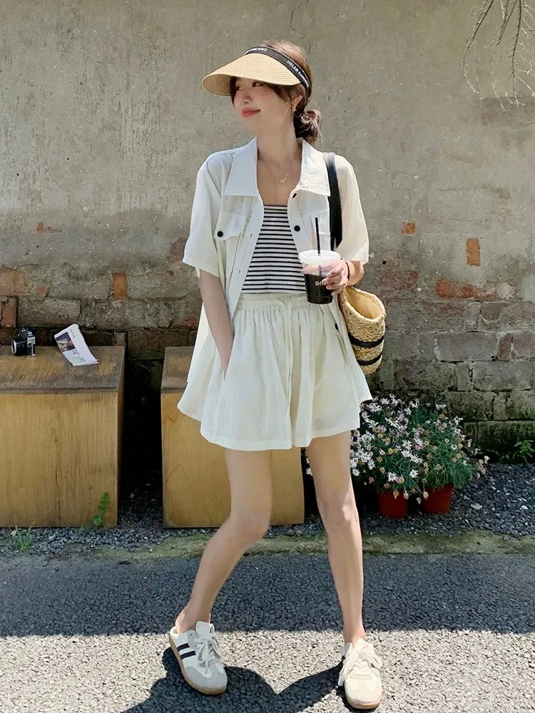 This year's popular fashion casual suits for women in summer 2024 new complete sets with suspenders cardigan shorts three-piece 