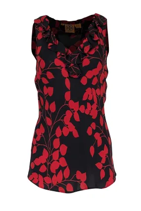 Tory Burch - Black & Red Leaf Print Sleeveless Silk Top Sz 6