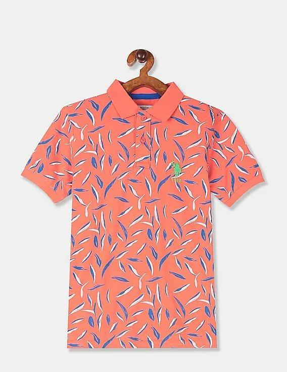 U.S. Polo Assn. Kids Boys Orange Leaf Print Pique Polo Shirt