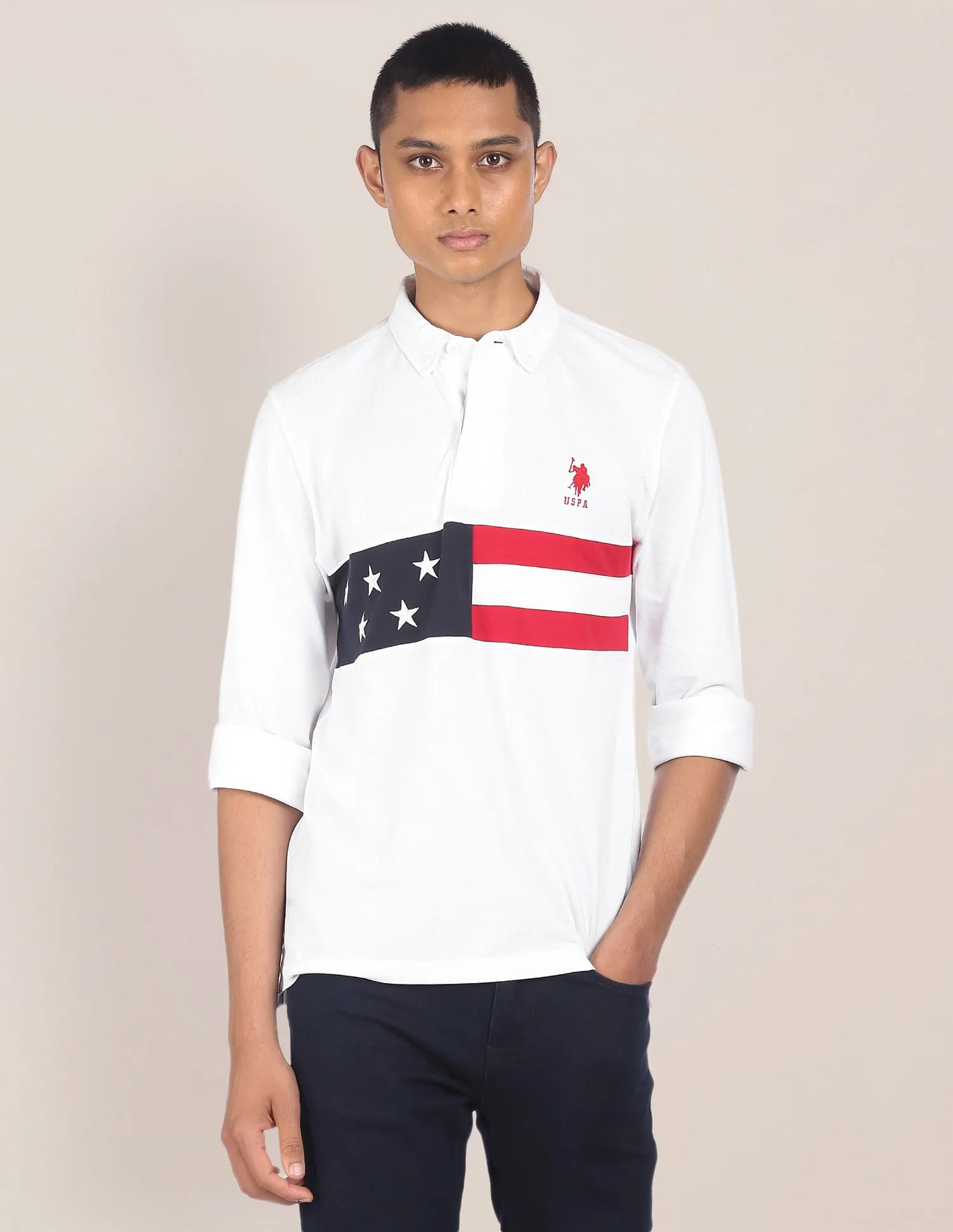 U.S. Polo Assn. Men White Long Sleeve Pique Polo Shirt