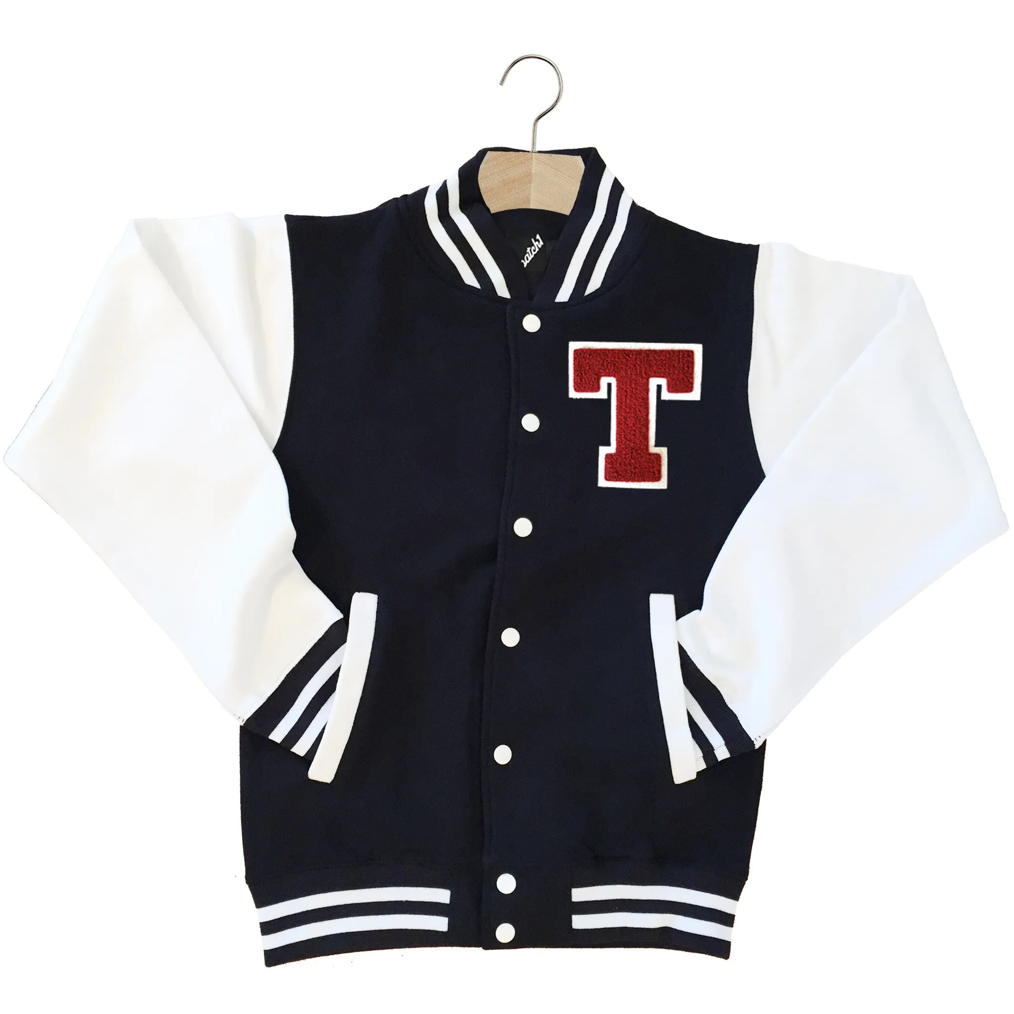 VARSITY BASEBALL JACKET UNISEX PERSONALISED WITH GENUINE US COLLEGE LETTER T