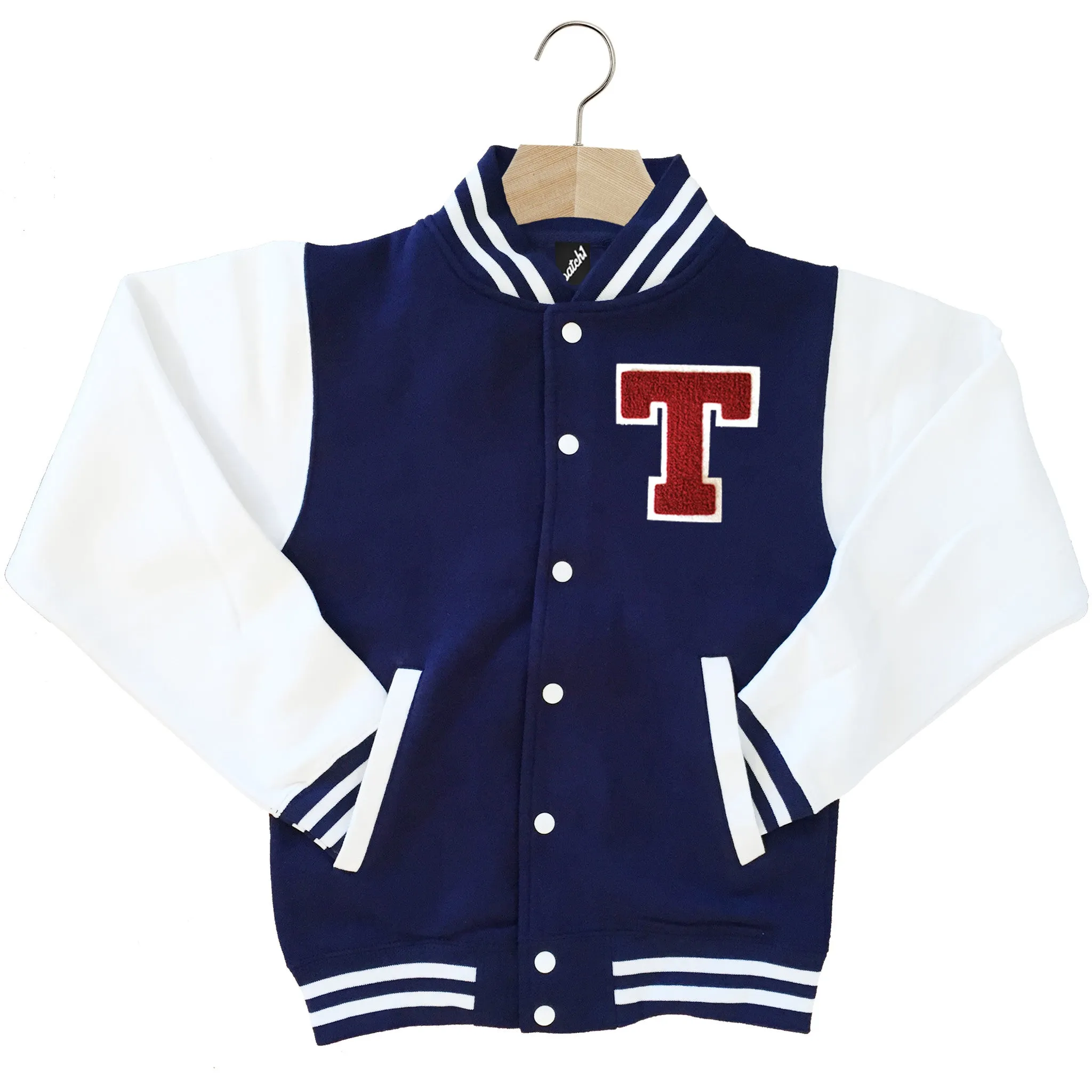 VARSITY BASEBALL JACKET UNISEX PERSONALISED WITH GENUINE US COLLEGE LETTER T