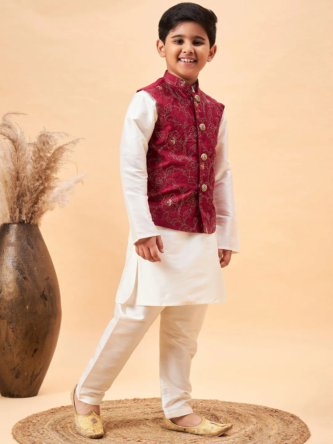 VASTRAMAY Boy's Maroon Nehru Jacket With Cream Kurta And Pyjama Set