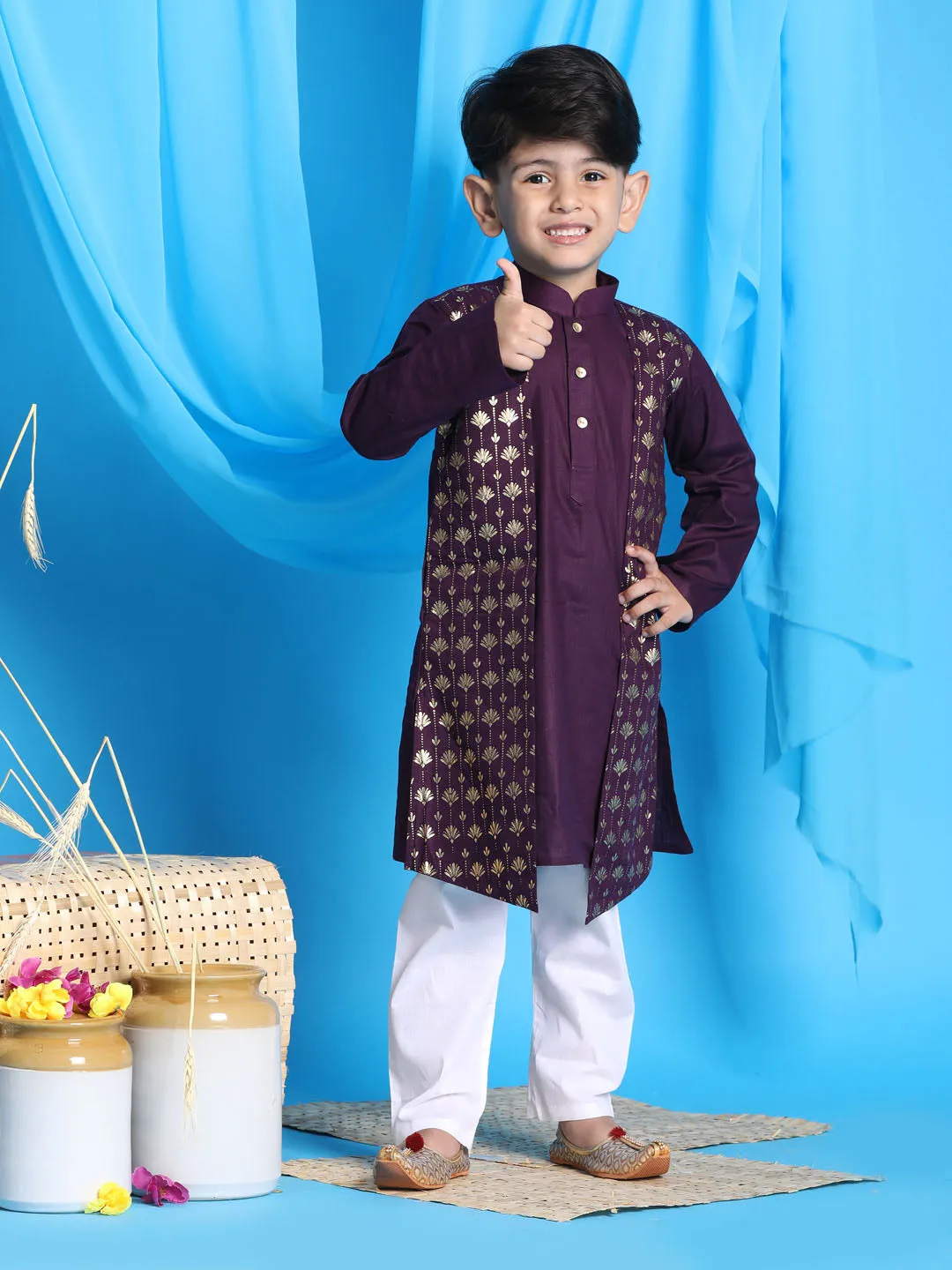 VASTRAMAY Boys' Purple Jacket Style Kurta And White Pyjama Set