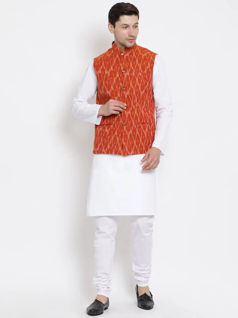 VASTRAMAY Men's White Cotton Kurta, Orange Ethnic Jacket and Pyjama Set