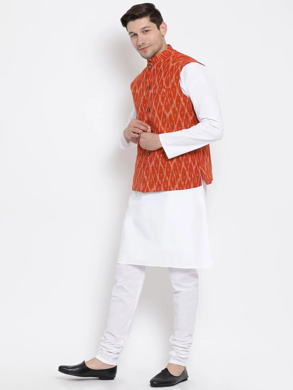 VASTRAMAY Men's White Cotton Kurta, Orange Ethnic Jacket and Pyjama Set