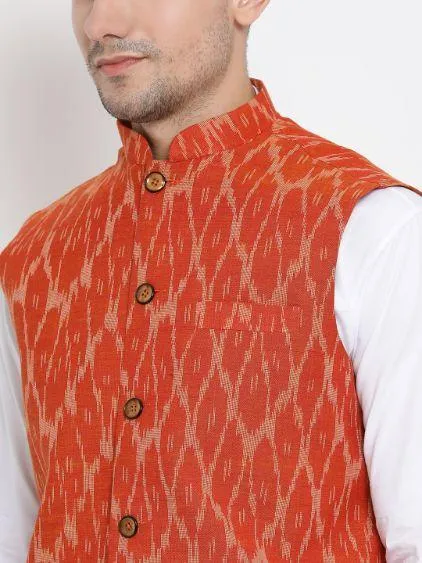 VASTRAMAY Men's White Cotton Kurta, Orange Ethnic Jacket and Pyjama Set