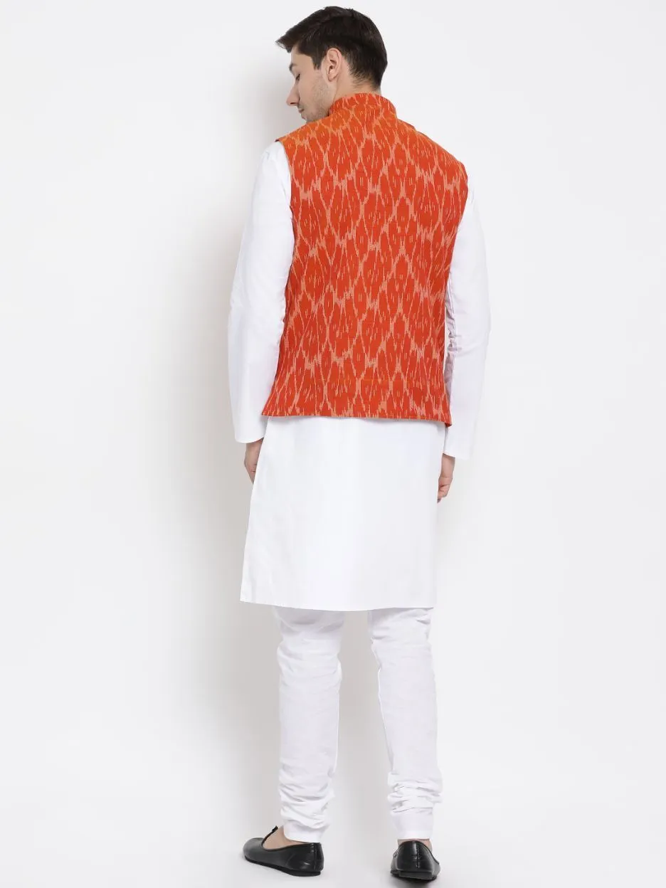 VASTRAMAY Men's White Cotton Kurta, Orange Ethnic Jacket and Pyjama Set