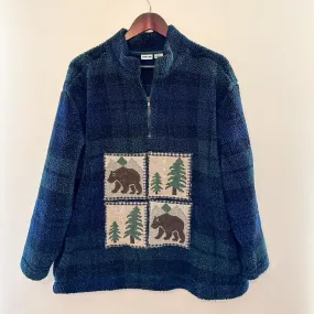 Vintage Sherpa Navy and Green Plaid Cabin Quilt Pullover