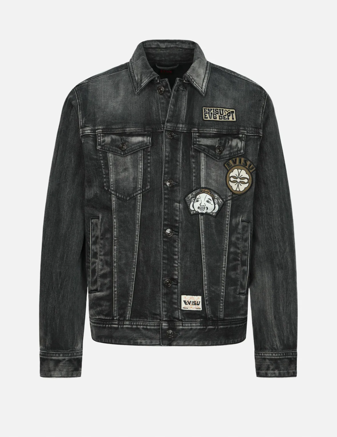 Washed Multiple Badges and Brushstroke Daicock Print Relax Fit Denim Jacket