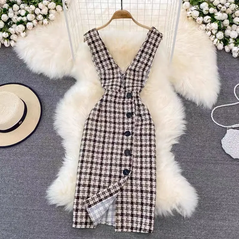 Wool plaid suit skirt for women 2023 autumn and winter new style temperament waist slimming suspender dress sweater two-piece se